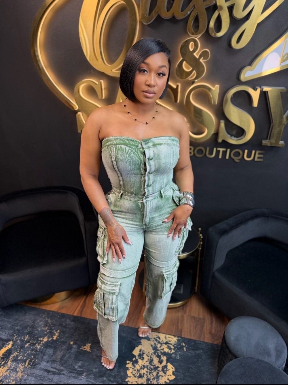 Strapless Sage Green Utility Cargo Jumpsuit